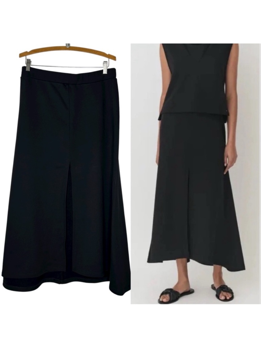 Cuyana Black A-Line Midi Skirt with Front Slit
